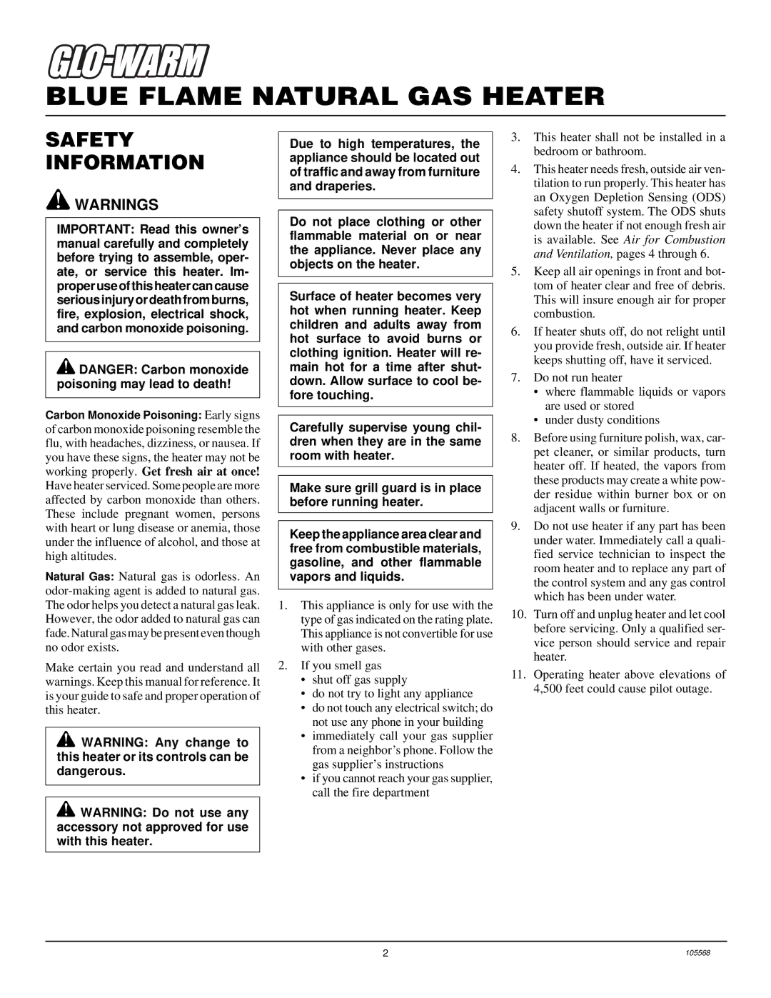 Desa FGH-30NGB, FAS-30BB, FA-20BB, FAS-20BB, FA-30BB installation manual Blue Flame Natural GAS Heater, Safety Information 