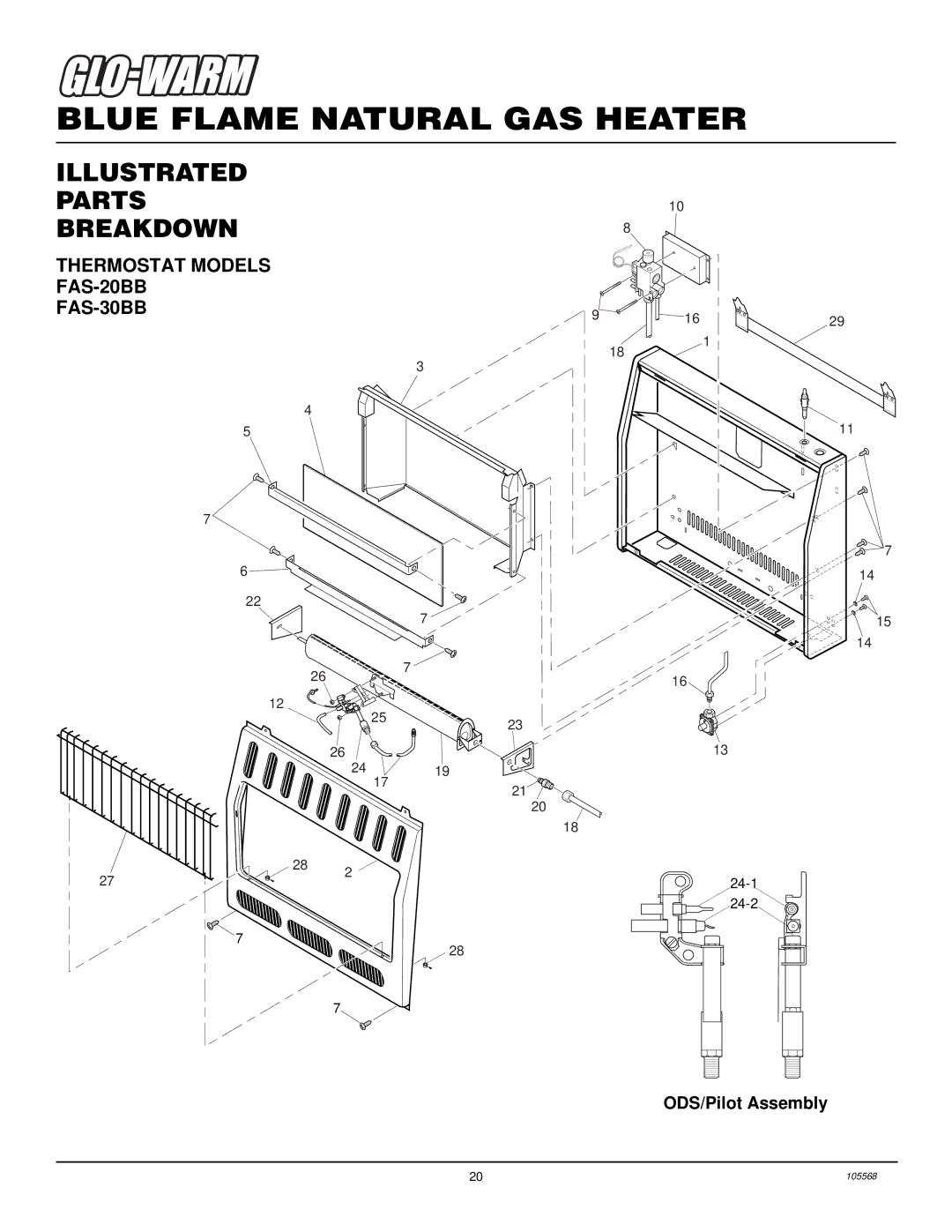 Desa FA-20BB, FGH-30NGB, FA-30BB Illustrated Parts Breakdown, Thermostat Models FAS-20BB FAS-30BB, ODS/Pilot Assembly 