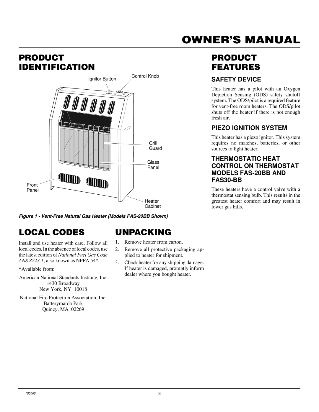 Desa FAS-20BB, FAS-30BB, FA-20BB, FGH-30NGB, FA-30BB Product Identification, Product Features, Local Codes, Unpacking 