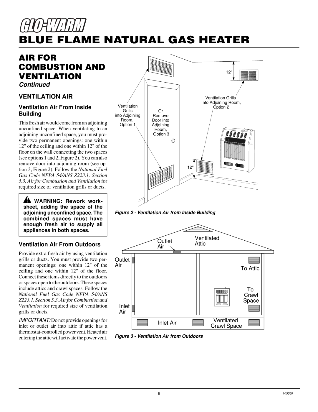 Desa FA-20BB, FAS-30BB, FGH-30NGB Ventilation AIR, Ventilation Air From Inside Building, Ventilation Air From Outdoors 