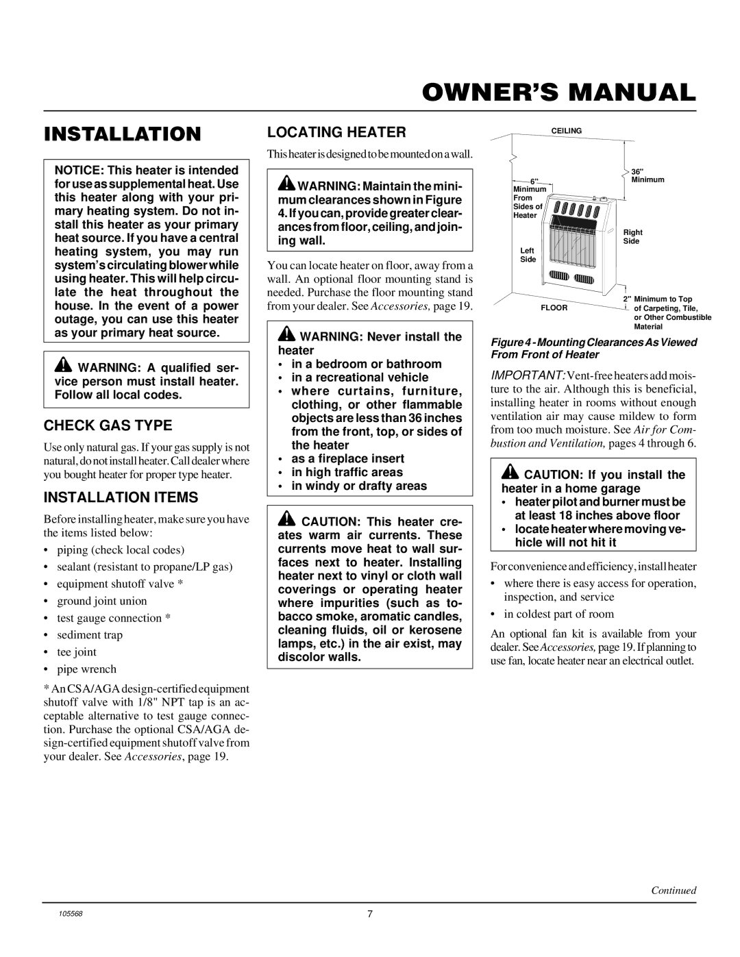 Desa FGH-30NGB, FAS-30BB, FA-20BB, FAS-20BB, FA-30BB Check GAS Type, Installation Items, Locating Heater 