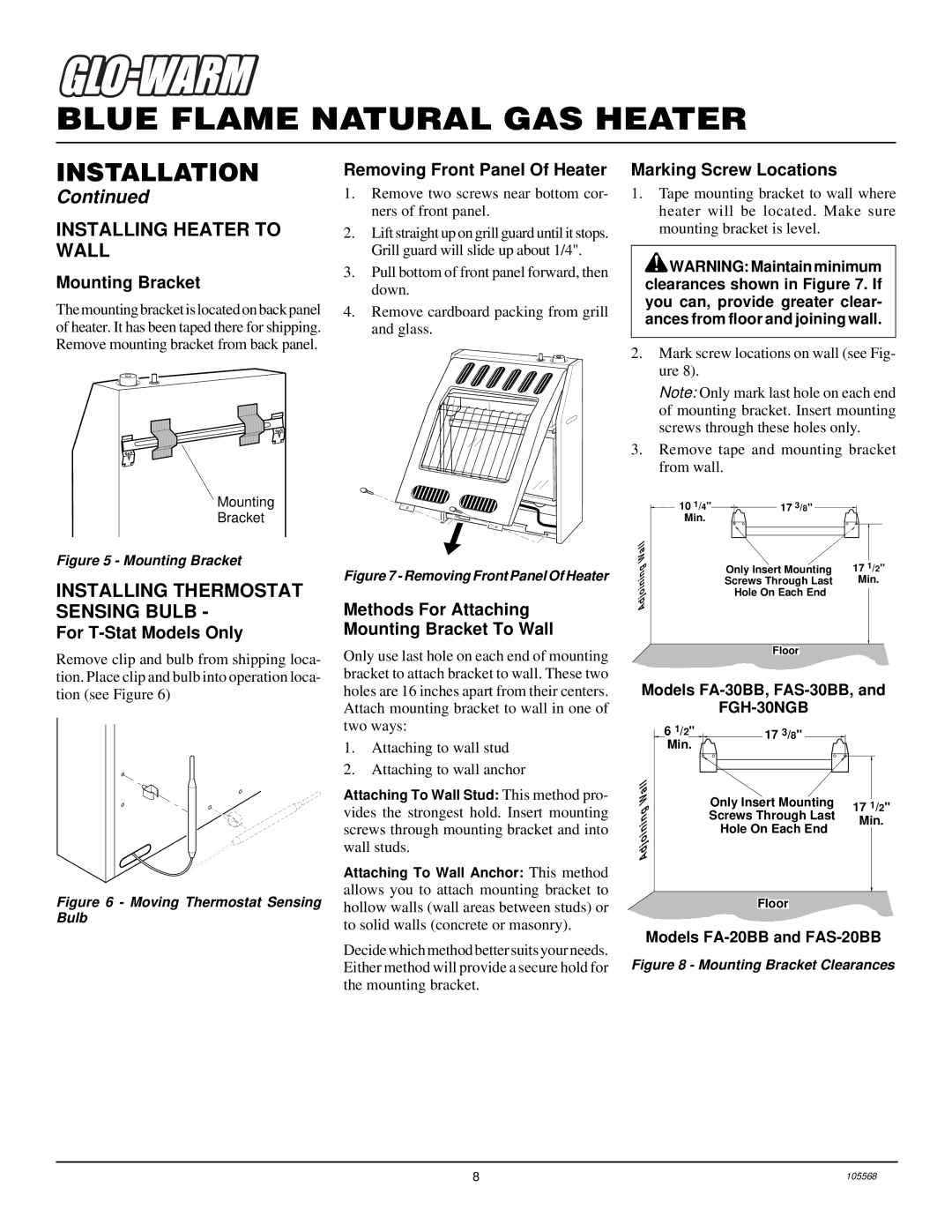 Desa FAS-20BB, FAS-30BB, FA-20BB, FGH-30NGB, FA-30BB Installing Heater to Wall, Installing Thermostat Sensing Bulb 