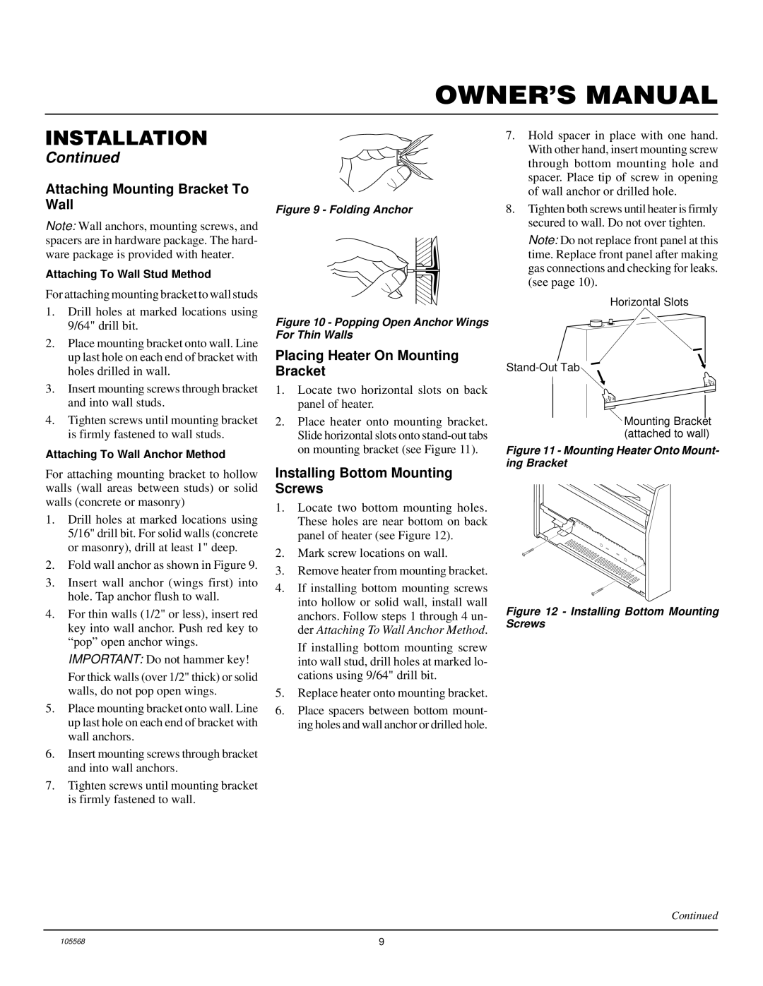 Desa FA-30BB Attaching Mounting Bracket To Wall, Placing Heater On Mounting Bracket, Installing Bottom Mounting Screws 