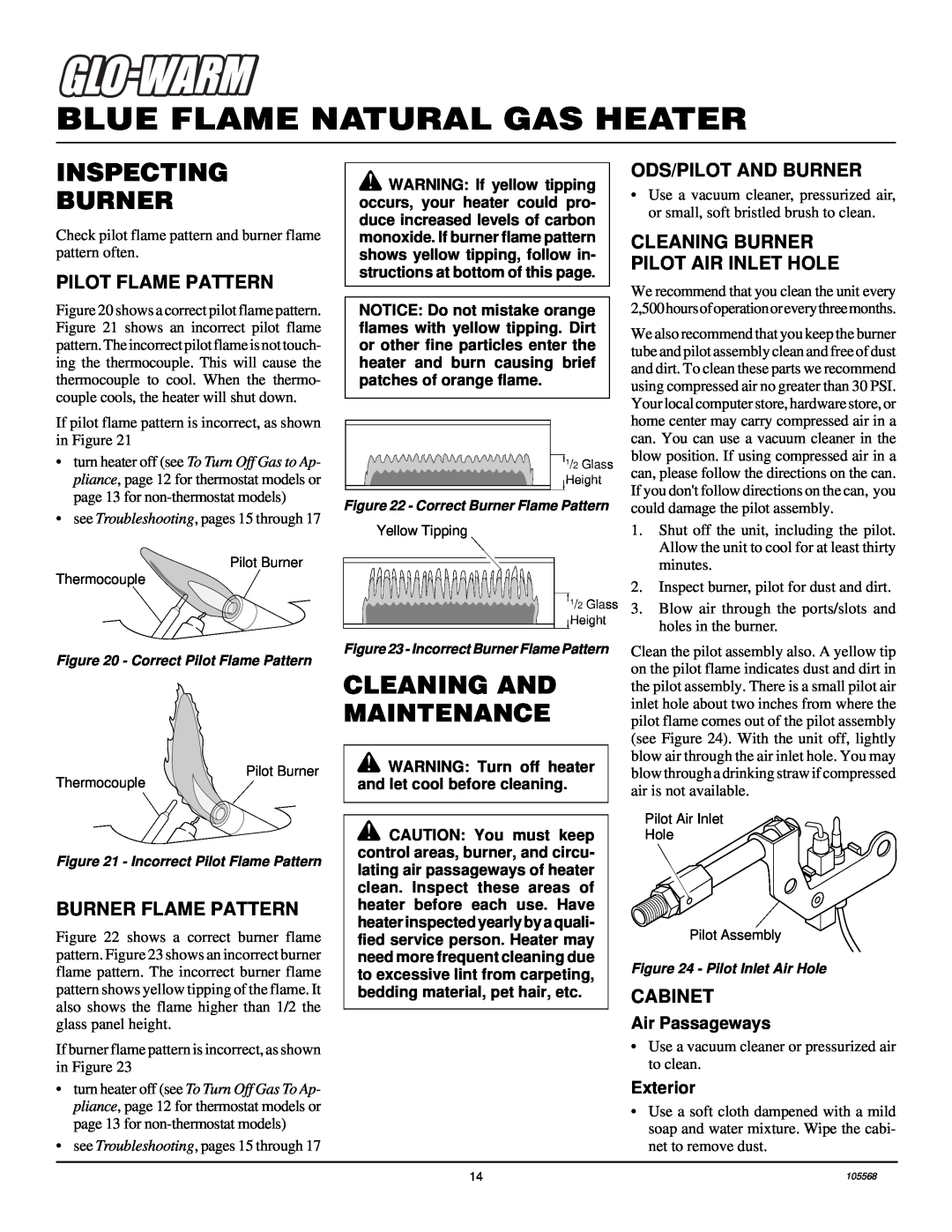 Desa FA-30BB Inspecting Burner, Cleaning And Maintenance, Pilot Flame Pattern, Burner Flame Pattern, Ods/Pilot And Burner 