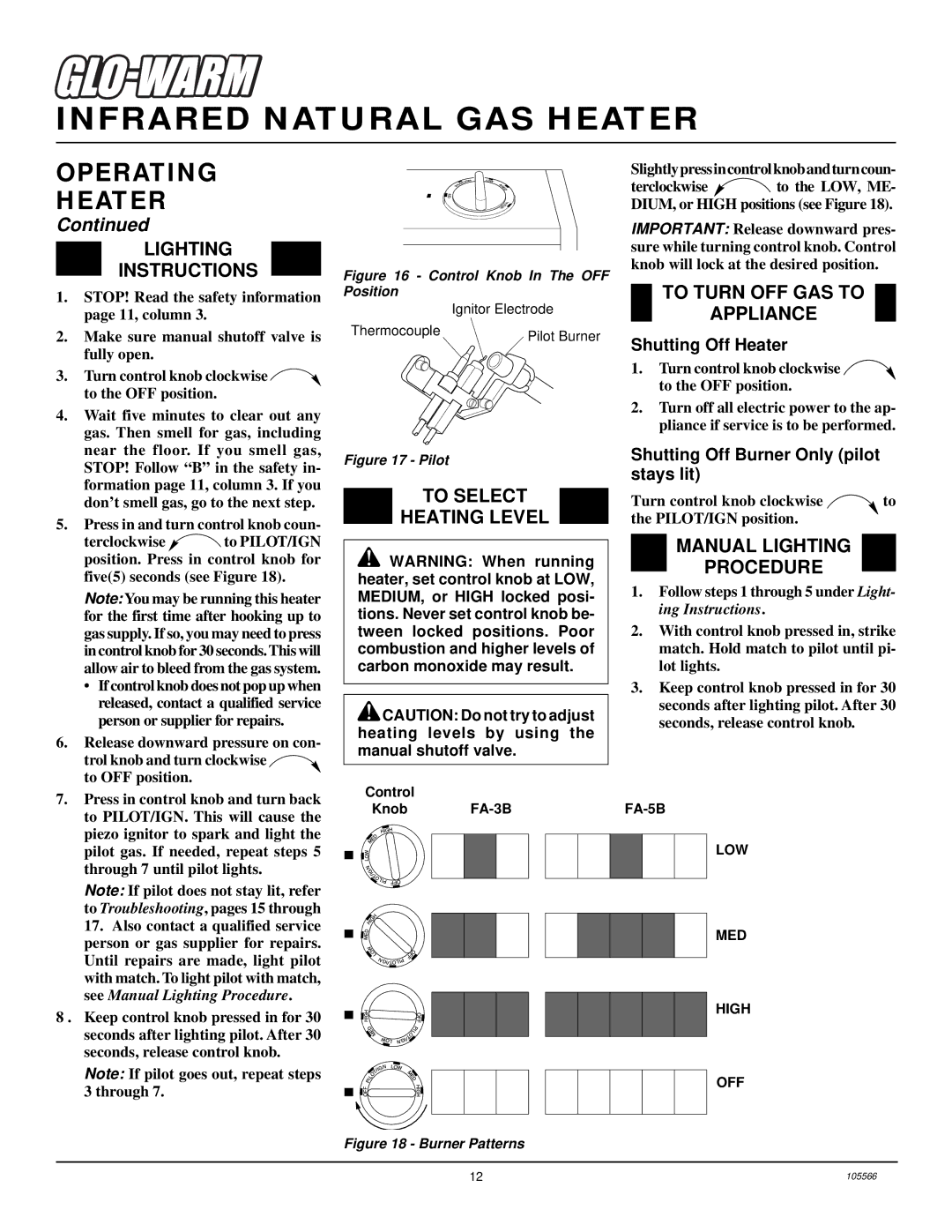 Desa FAS-5B Lighting Instructions, To Select Heating Level, To Turn OFF GAS to Appliance, Manual Lighting Procedure 