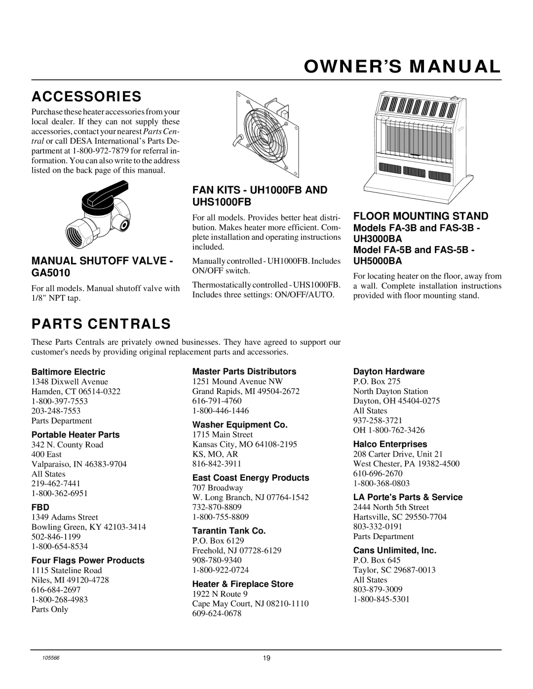 Desa FAS-3B, FAS-5B Accessories, Parts Centrals, Manual Shutoff Valve GA5010, FAN Kits UH1000FB and UHS1000FB 