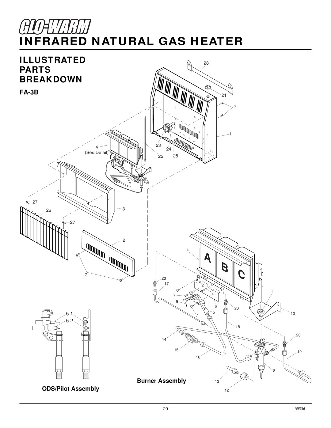 Desa FAS-5B, FAS-3B installation manual Illustrated Parts Breakdown, FA-3B, Burner Assembly ODS/Pilot Assembly 