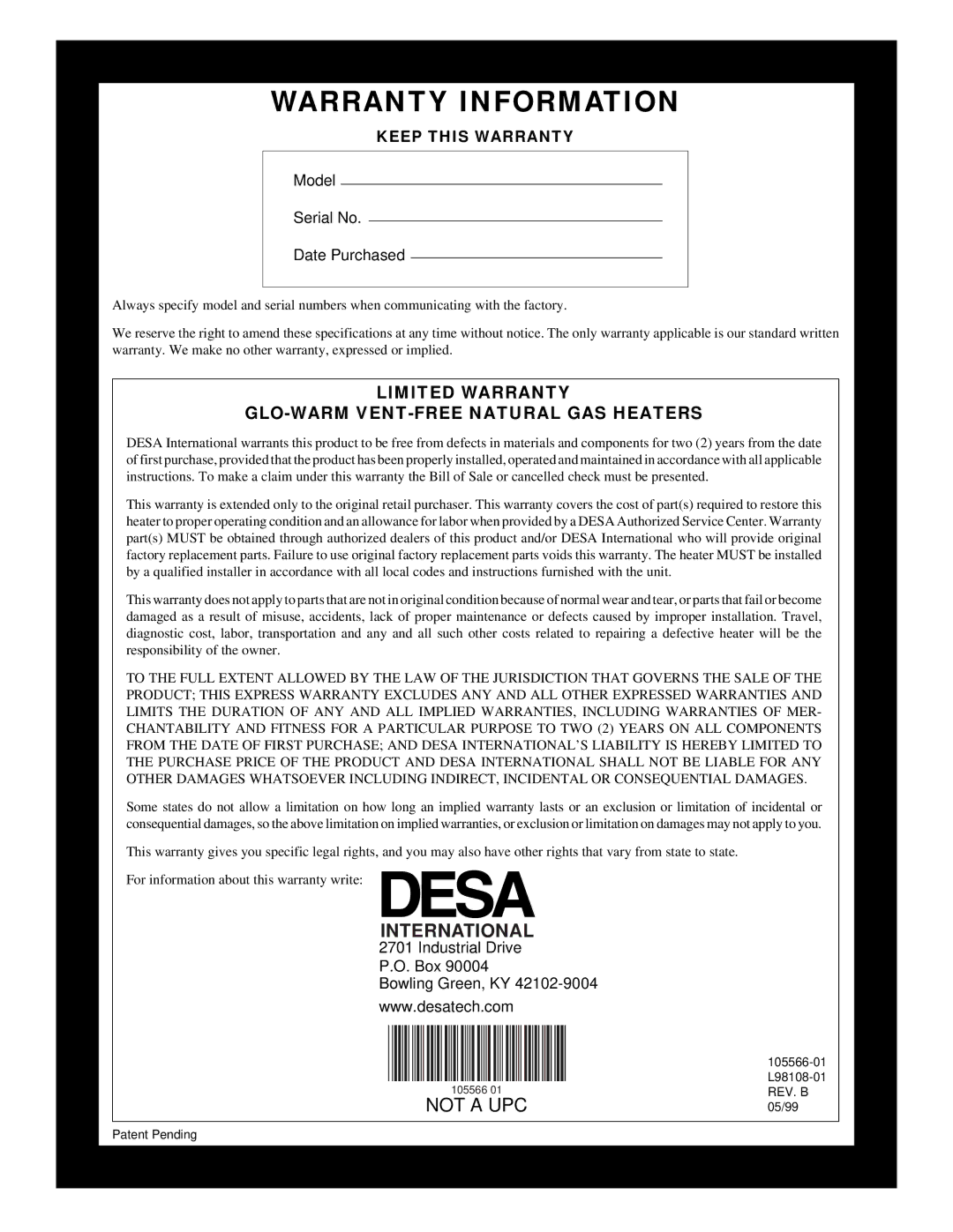 Desa FAS-5B, FAS-3B installation manual Warranty Information, International 