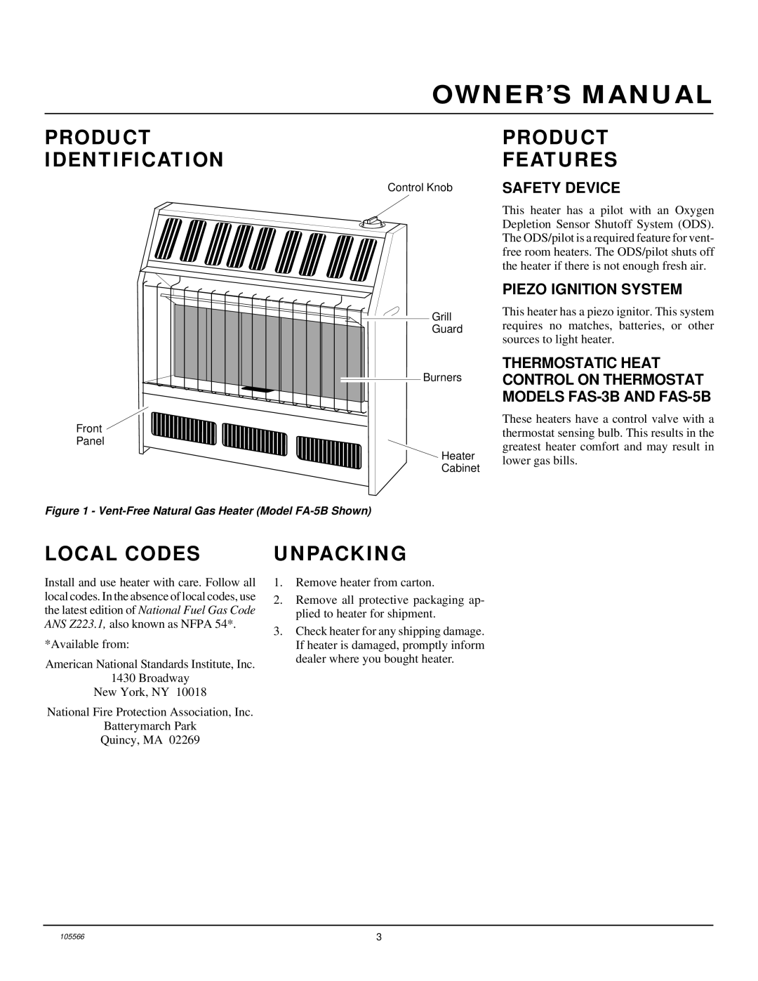 Desa FAS-3B, FAS-5B installation manual Product Identification, Product Features, Local Codes, Unpacking 