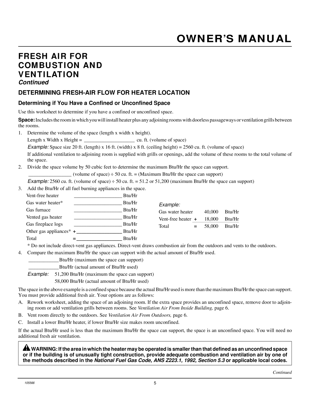 Desa FAS-3B, FAS-5B installation manual Fresh AIR for Combustion Ventilation, Determining FRESH-AIR Flow for Heater Location 