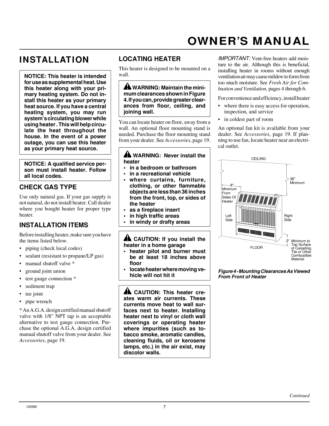 Desa FAS-3B, FAS-5B installation manual Locating Heater, Check GAS Type, Installation Items 