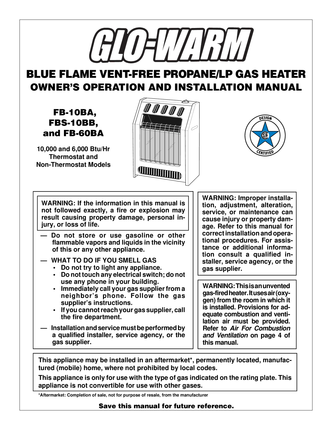 Desa FB-10BA installation manual FBS-10BB, What to do if YOU Smell GAS 