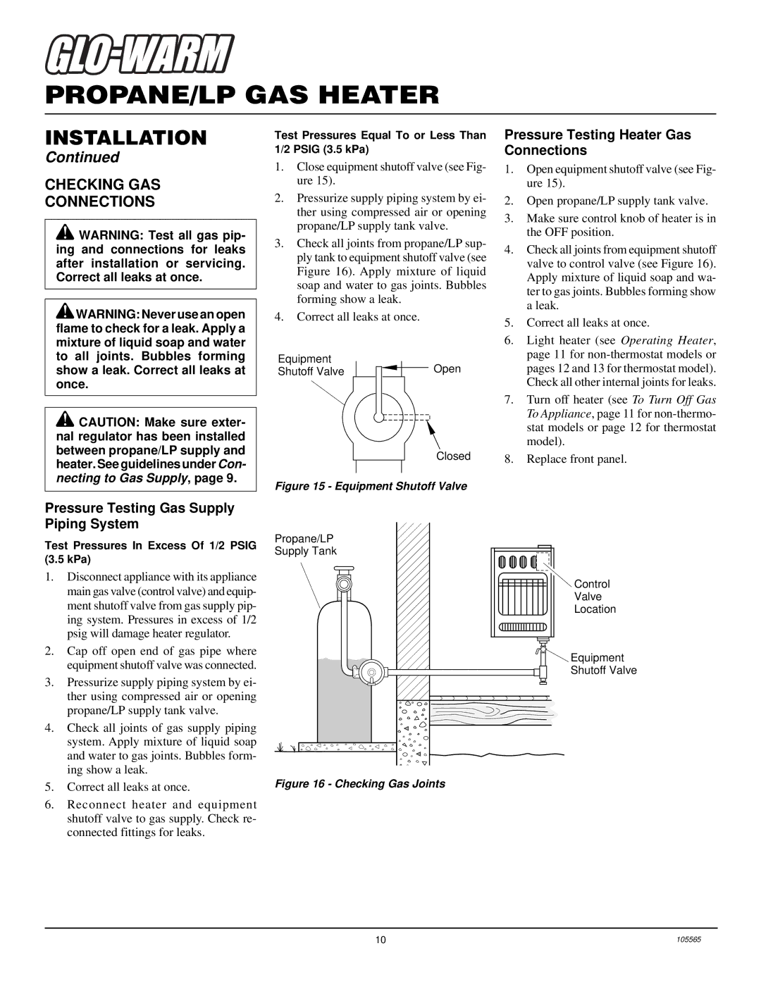 Desa FB-10BA Checking GAS Connections, Pressure Testing Heater Gas Connections, Pressure Testing Gas Supply Piping System 