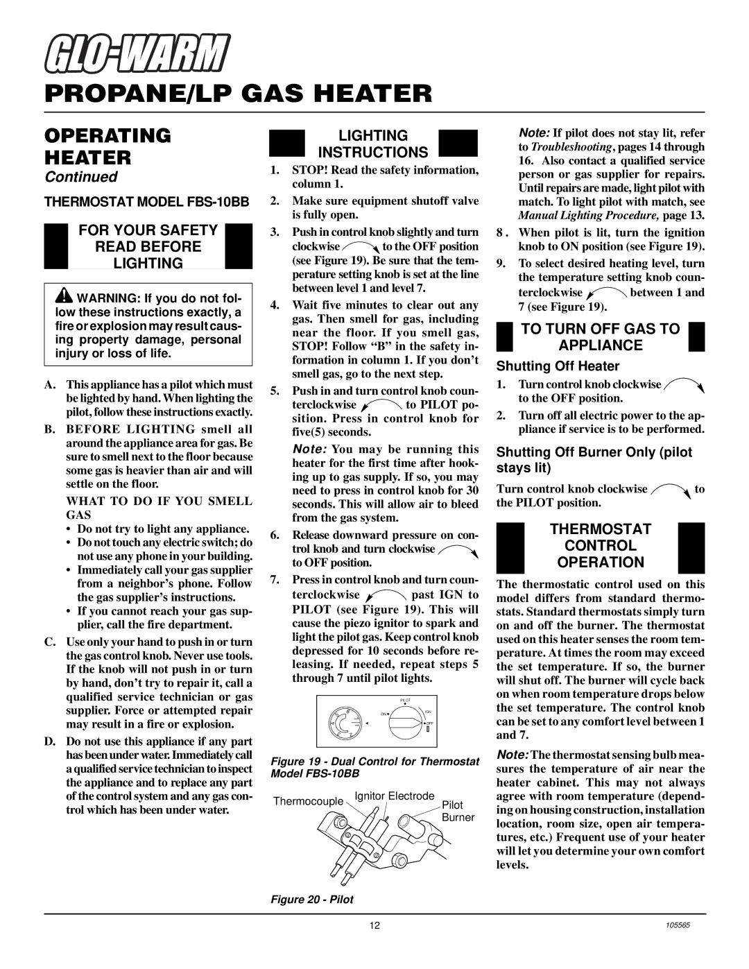 Desa FB-10BA installation manual For Your Safety Read Before Lighting, Thermostat Control Operation 