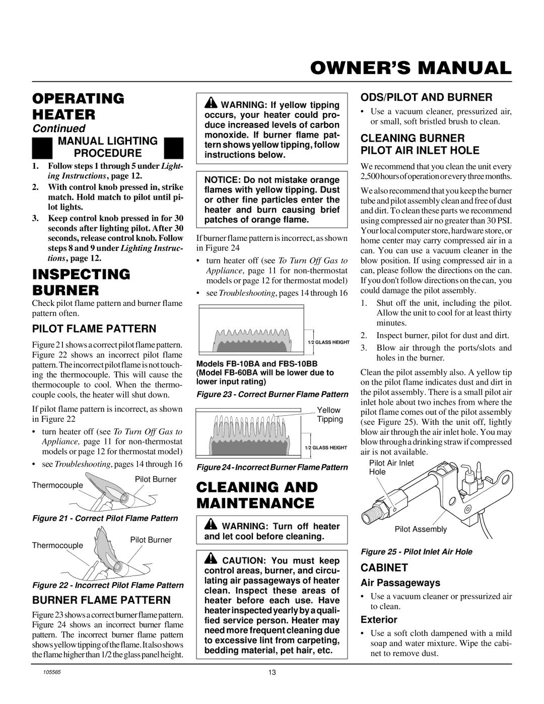 Desa FB-10BA installation manual Inspecting Burner, Cleaning and Maintenance 