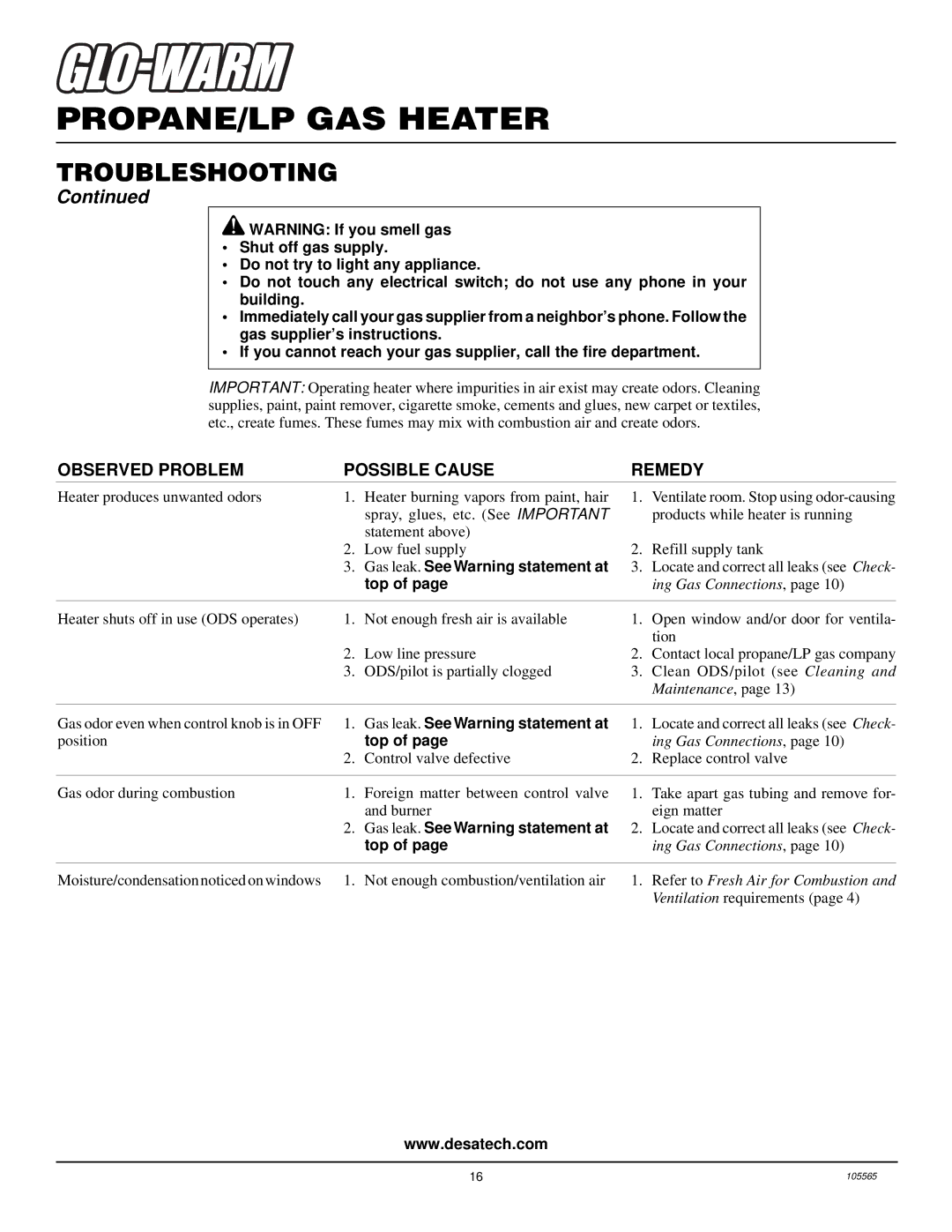 Desa FB-10BA installation manual Gas leak. See Warning statement at 