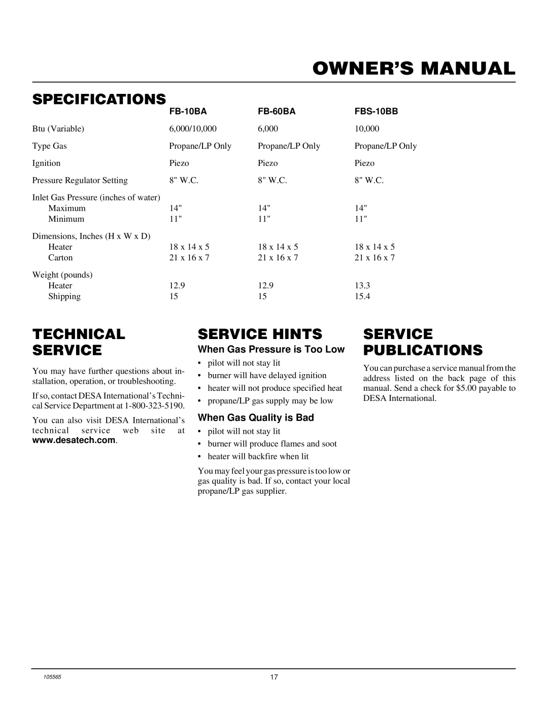 Desa FB-10BA installation manual Specifications, Technical Service, Service Hints, Service Publications 