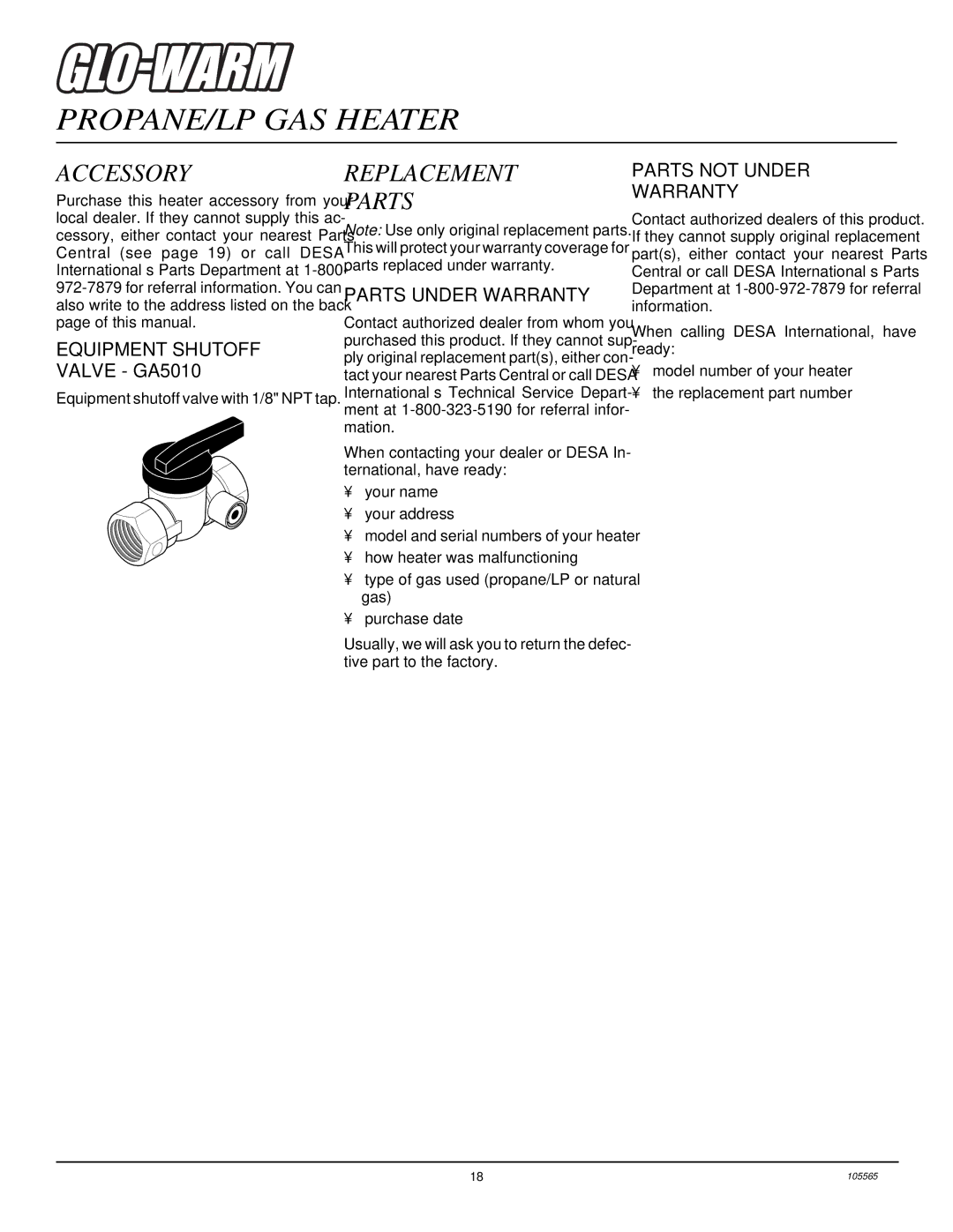 Desa FB-10BA Accessory, Replacement Parts, Equipment Shutoff Valve GA5010, Parts Under Warranty, Parts not Under Warranty 