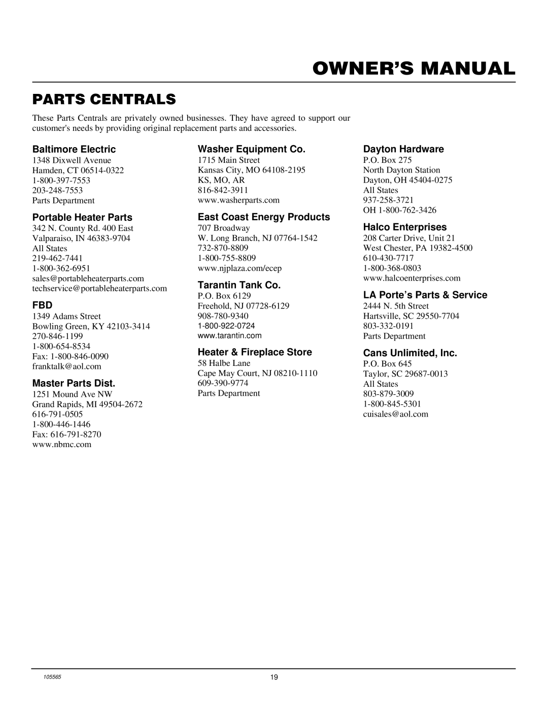 Desa FB-10BA Parts Centrals, Baltimore Electric Washer Equipment Co Dayton Hardware, Tarantin Tank Co, Master Parts Dist 