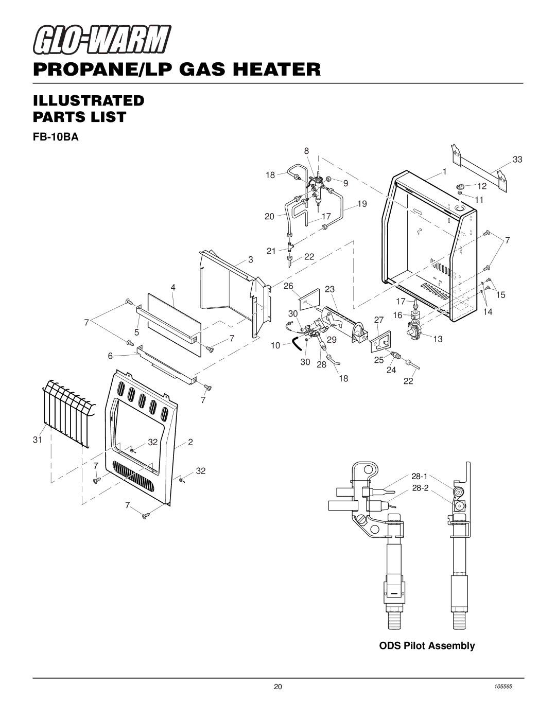 Desa FB-10BA installation manual Illustrated Parts List, ODS Pilot Assembly 