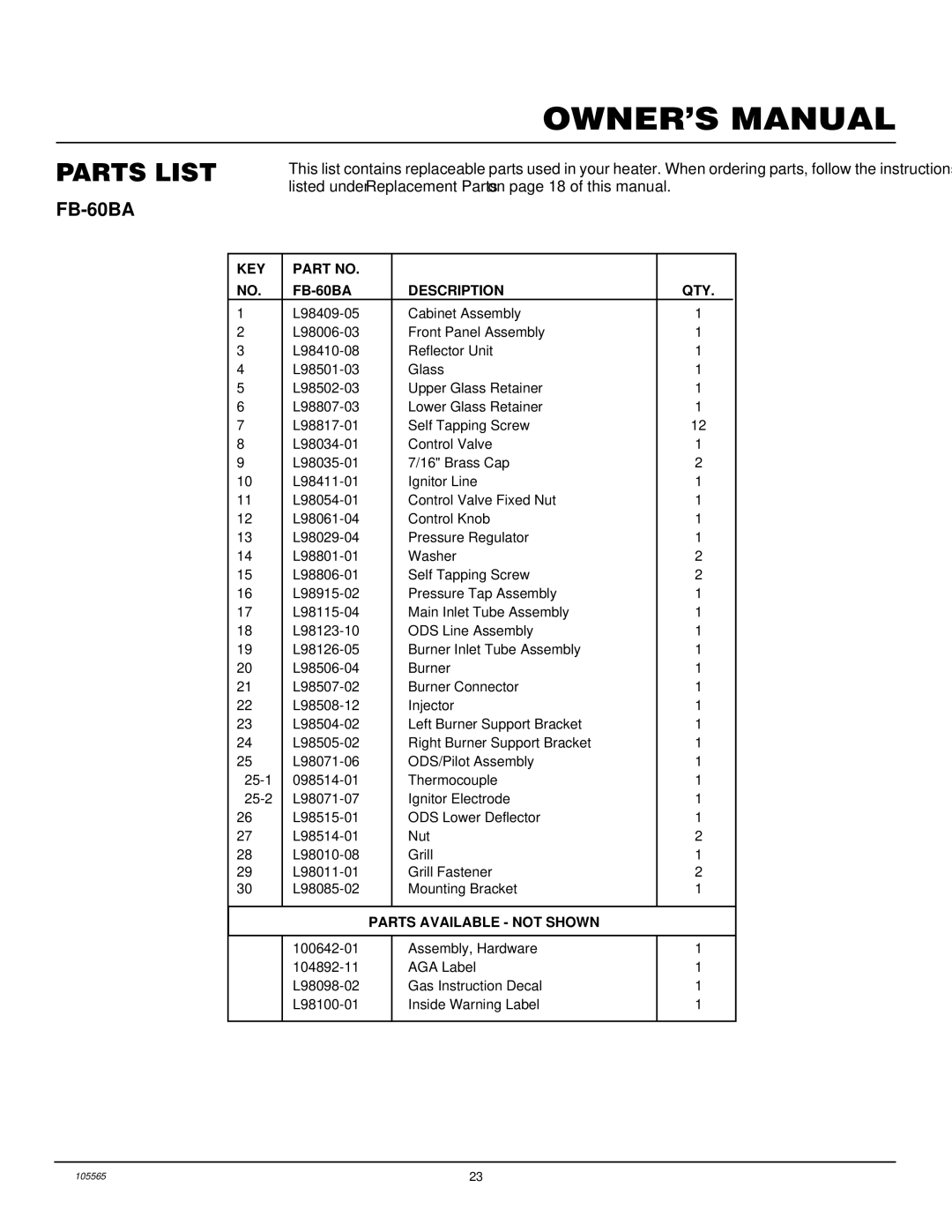 Desa FB-10BA installation manual KEY FB-60BA Description QTY 