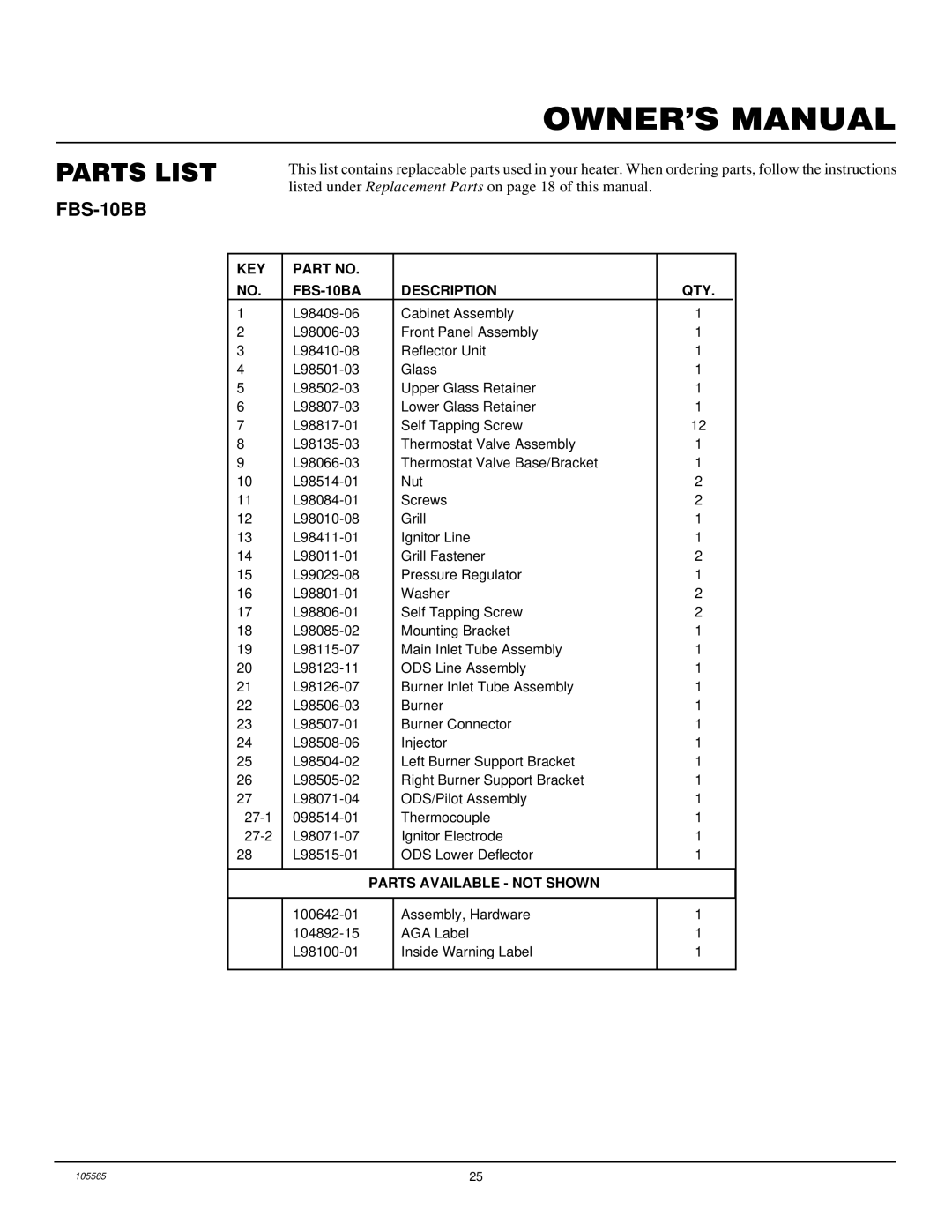 Desa FB-10BA installation manual KEY FBS-10BA Description QTY 