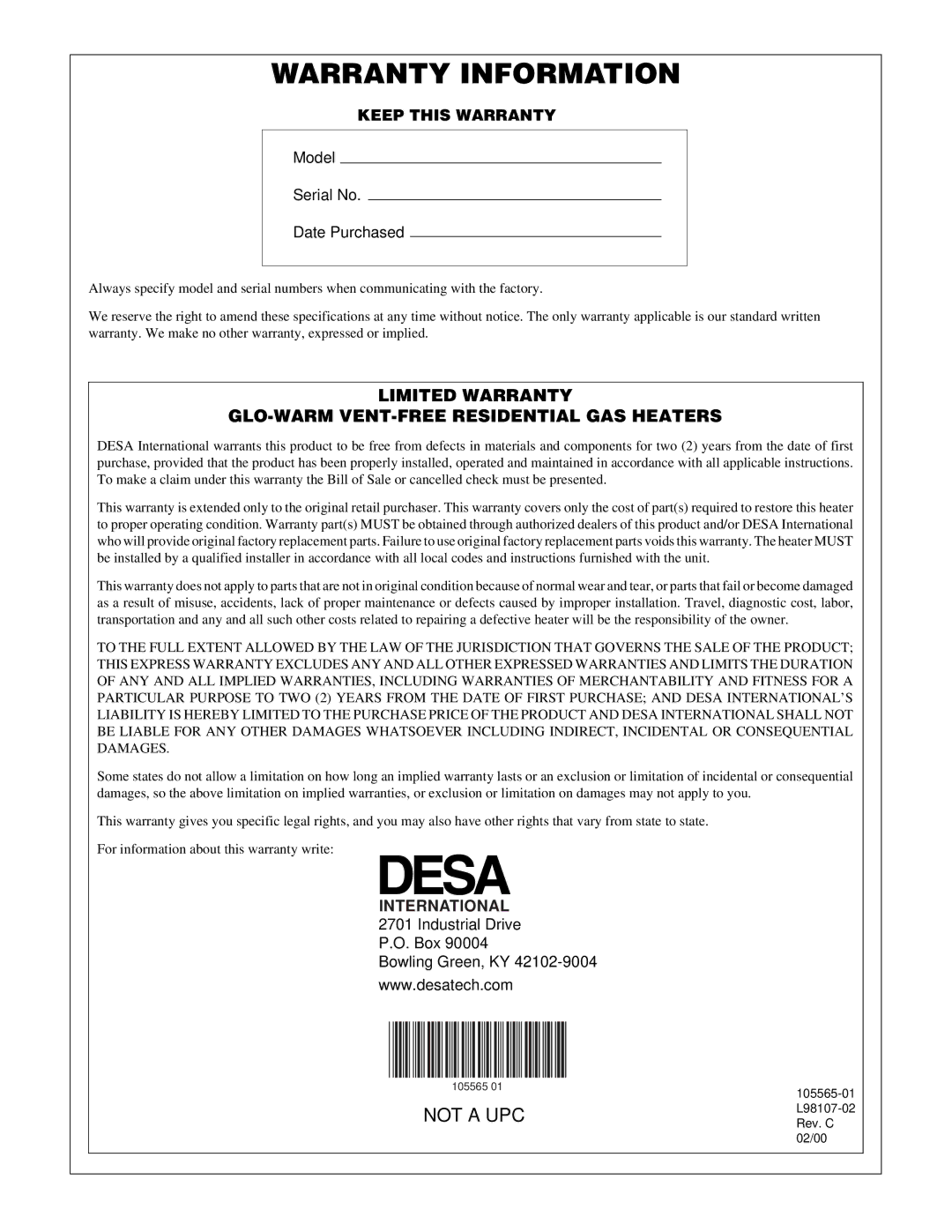 Desa FB-10BA installation manual Warranty Information 