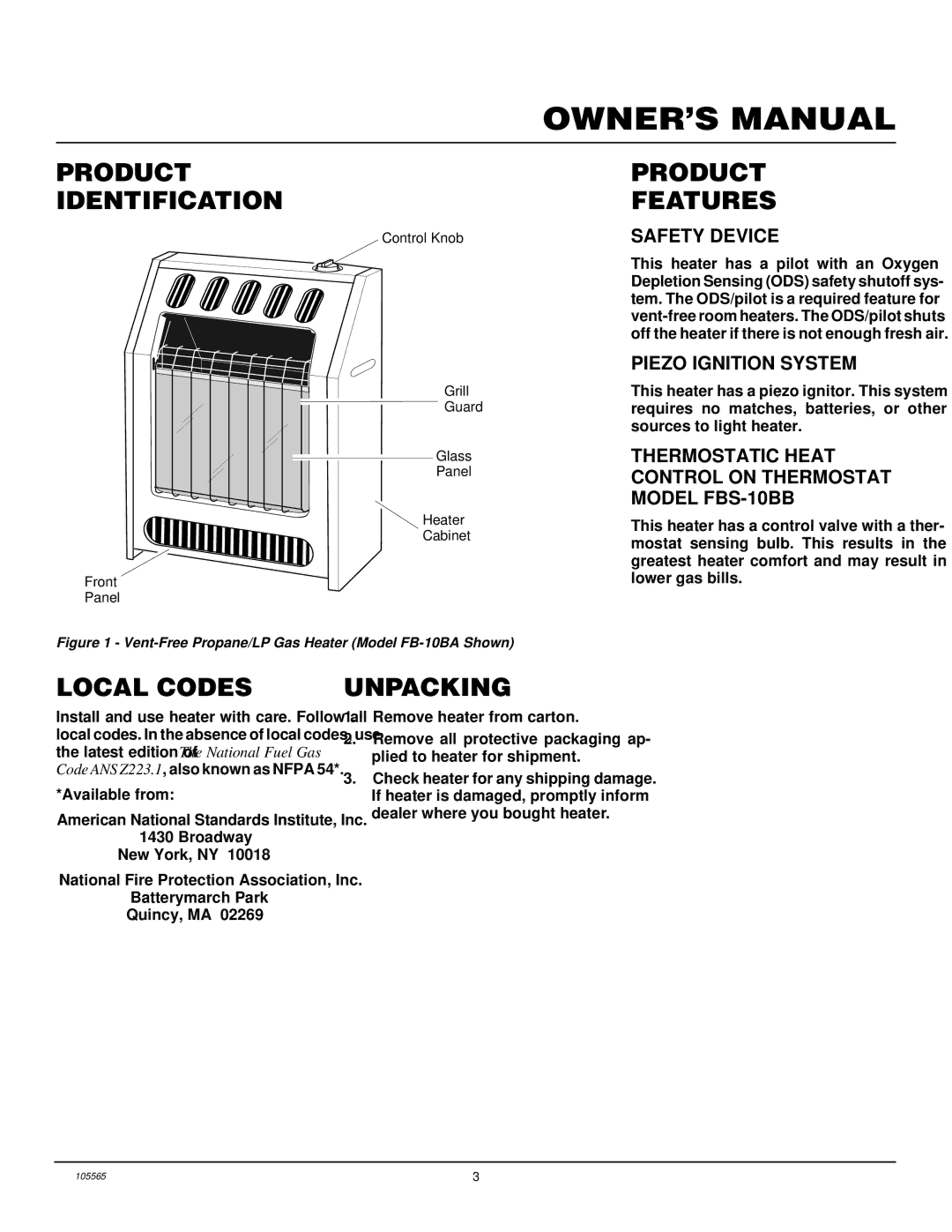 Desa FB-10BA installation manual Product Identification, Product Features, Local Codes, Unpacking 