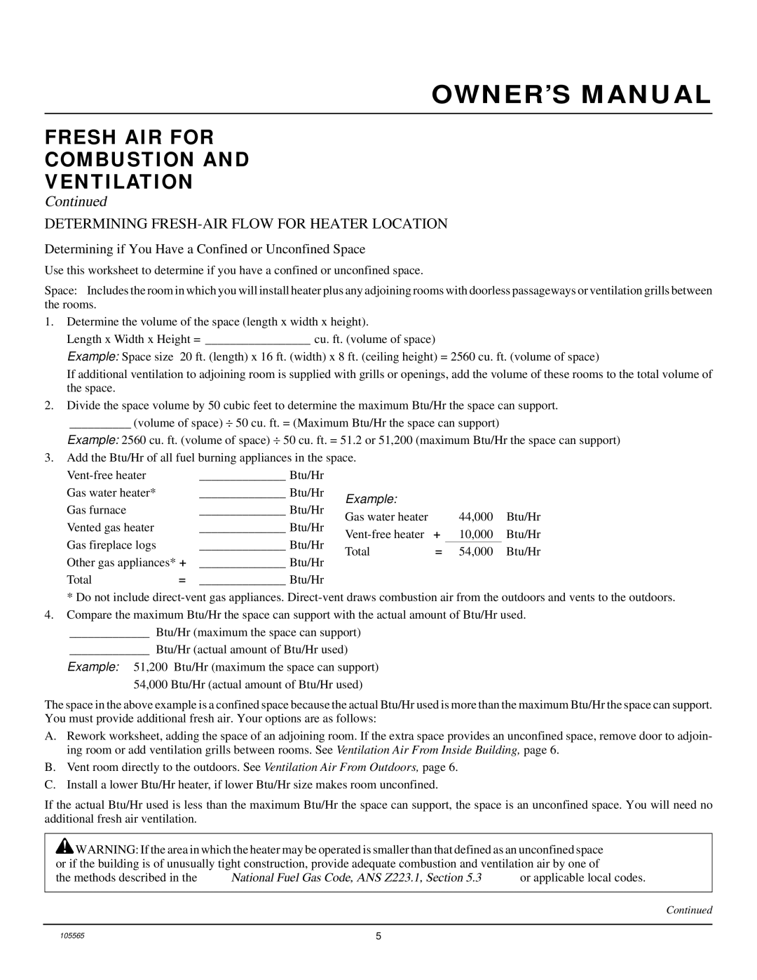 Desa FB-10BA installation manual Fresh AIR for Combustion Ventilation, Determining FRESH-AIR Flow for Heater Location 