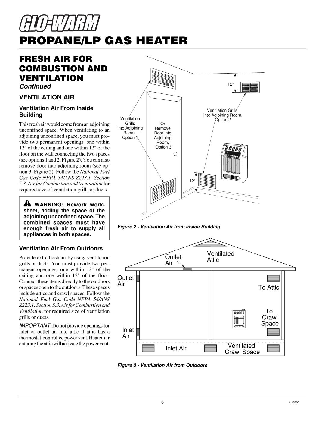 Desa FB-10BA installation manual Ventilation AIR, Ventilation Air From Inside Building, Ventilation Air From Outdoors 