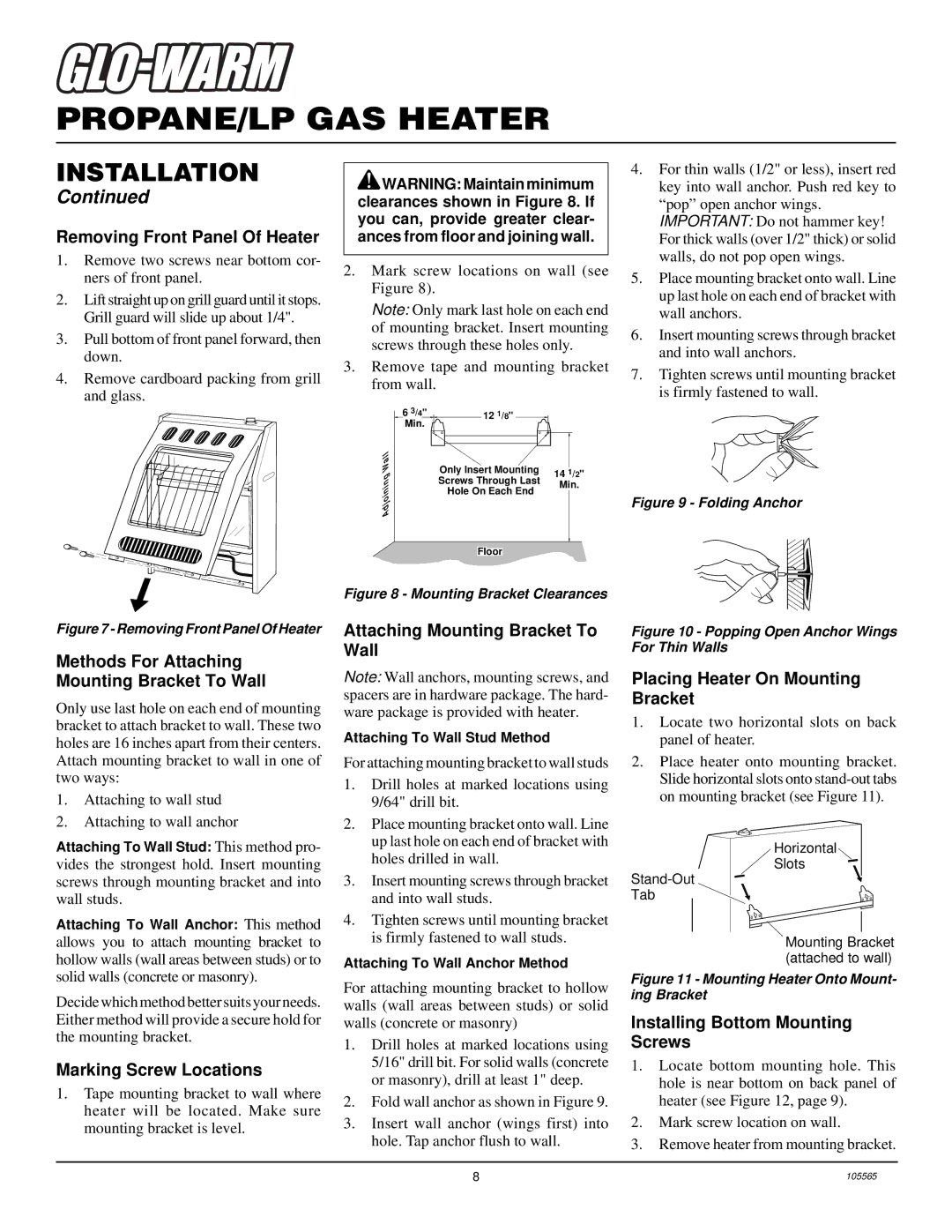 Desa FB-10BA Removing Front Panel Of Heater, Methods For Attaching Mounting Bracket To Wall, Marking Screw Locations 