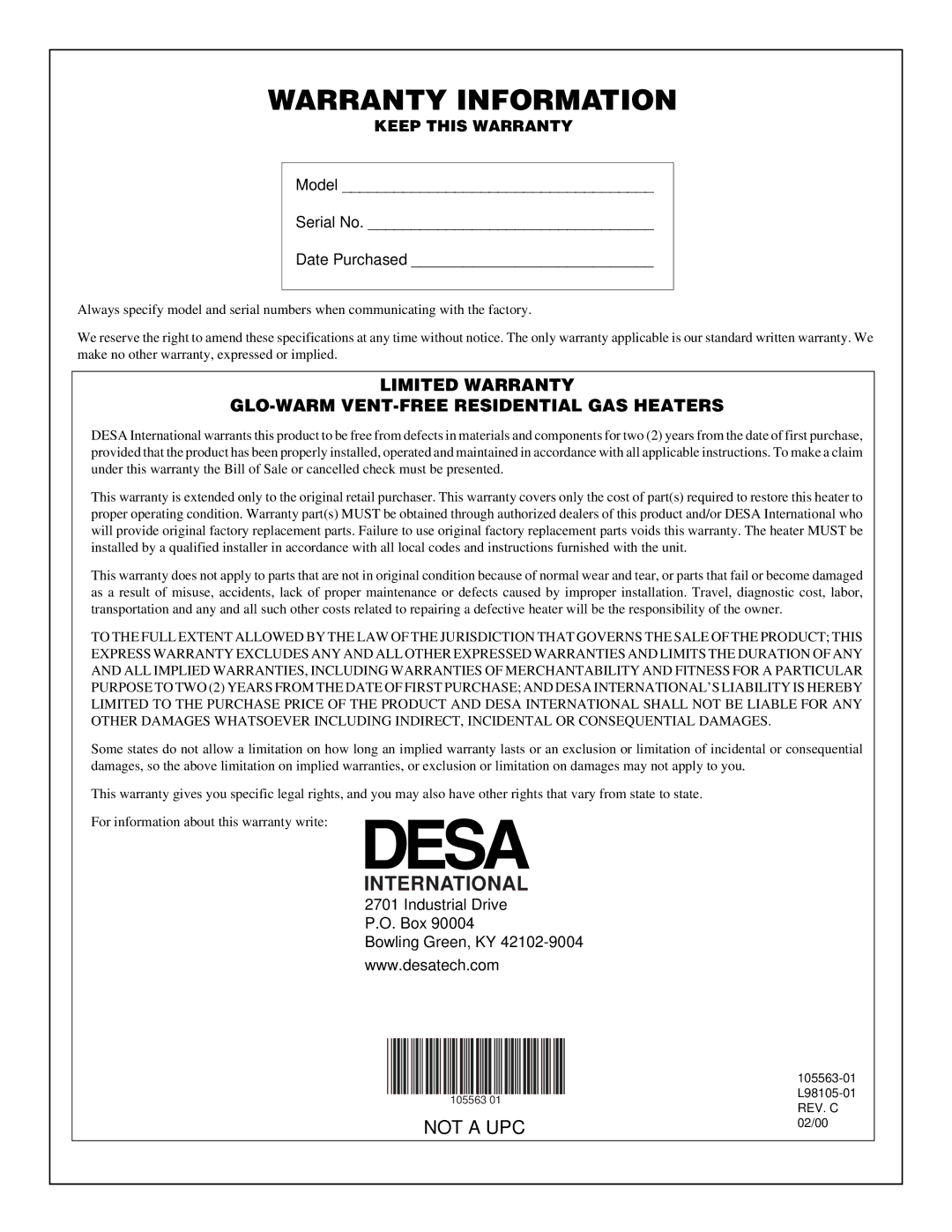 Desa FB-2B installation manual Warranty Information, Limited Warranty GLO-WARM VENT-FREE Residential GAS Heaters 