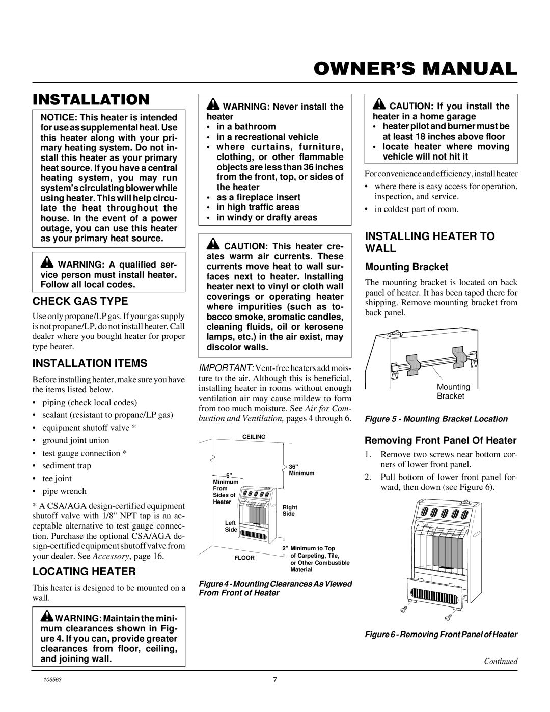 Desa FB-2B installation manual Check GAS Type, Installation Items, Installing Heater to Wall, Locating Heater 