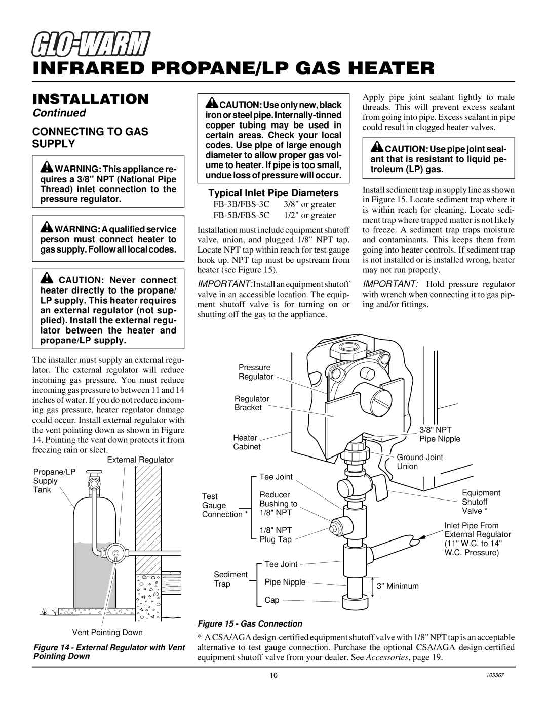 Desa FB-3B installation manual Connecting to GAS Supply, Typical Inlet Pipe Diameters 