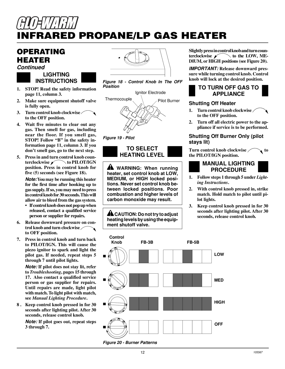 Desa FB-3B Operating Heater, Lighting Instructions, To Select Heating Level, To Turn OFF GAS to Appliance 