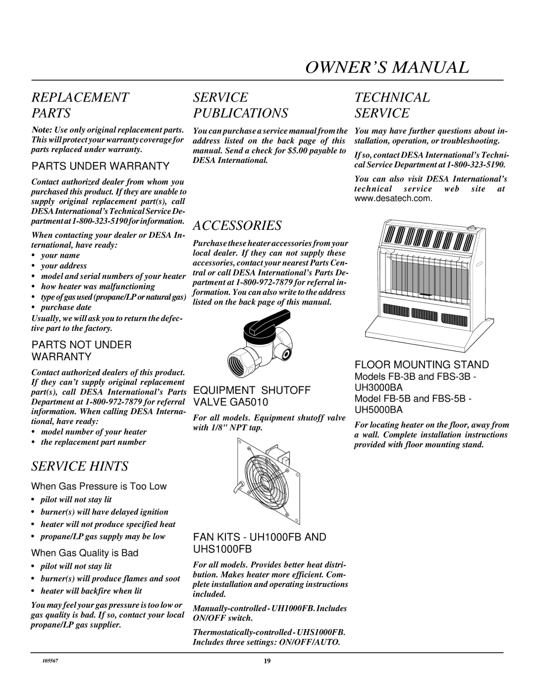 Desa FB-3B installation manual Replacement Parts, Service Hints, Service Publications Accessories, Technical Service 