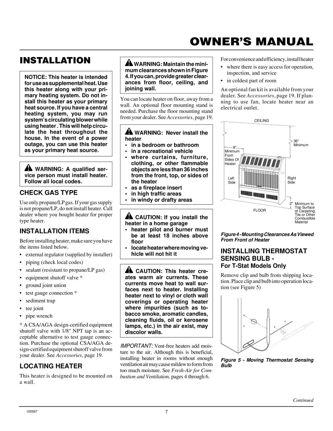 Desa FB-3B installation manual Check GAS Type, Installation Items, Locating Heater, Installing Thermostat Sensing Bulb 