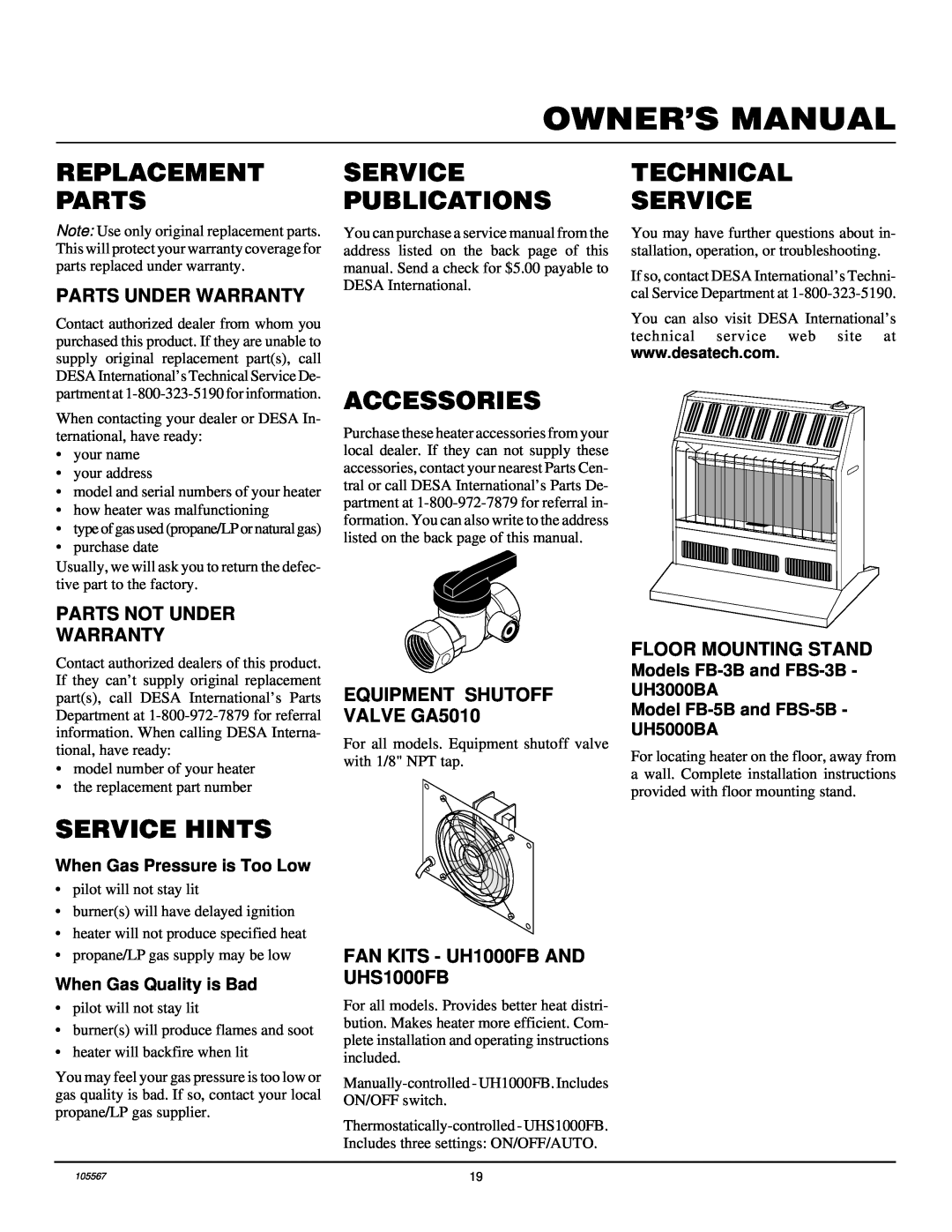 Desa FB-3B Replacement Parts, Service Hints, Service Publications, Accessories, Technical Service, Parts Under Warranty 