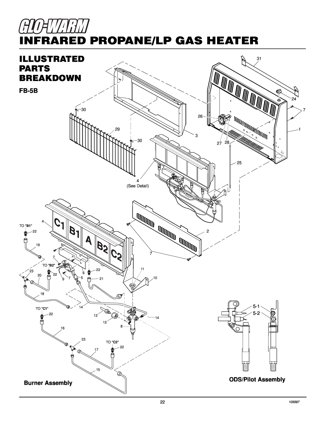 Desa FB-3B FB-5B, Infrared Propane/Lp Gas Heater, Illustrated Parts Breakdown, Burner Assembly, ODS/Pilot Assembly, TO B1 
