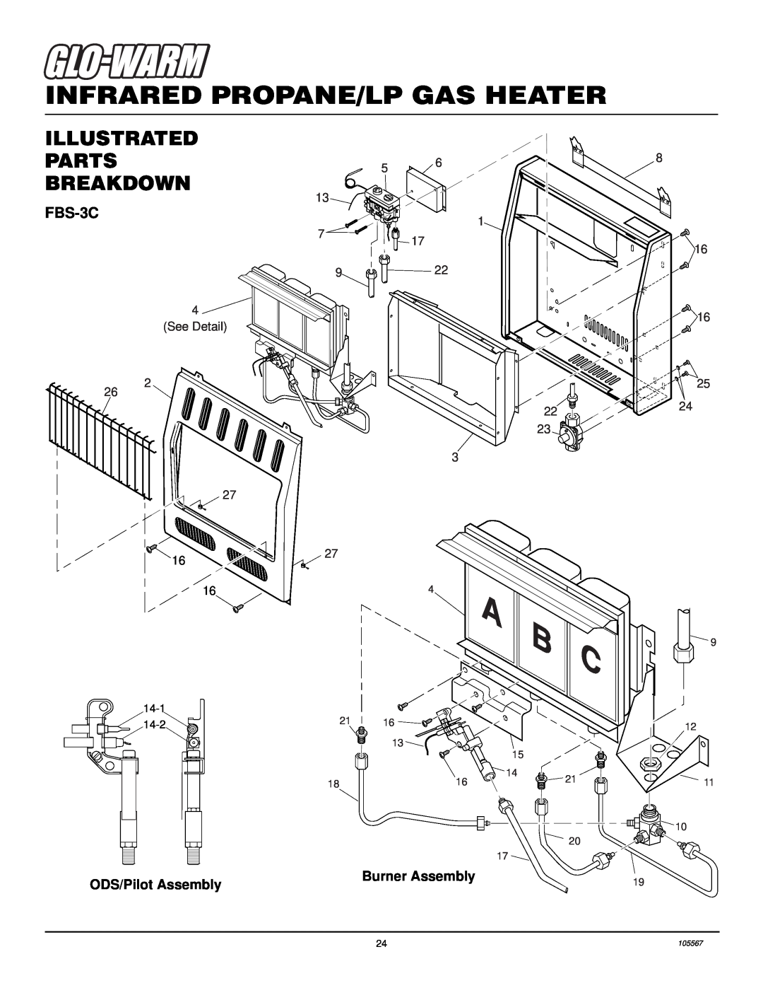 Desa FB-3B FBS-3C, See Detail, Infrared Propane/Lp Gas Heater, Illustrated Parts Breakdown, ODS/Pilot Assembly, 105567 