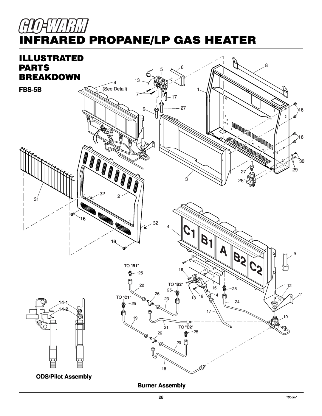 Desa FB-3B FBS-5B, Infrared Propane/Lp Gas Heater, Illustrated Parts Breakdown, ODS/Pilot Assembly, Burner Assembly, TO B1 