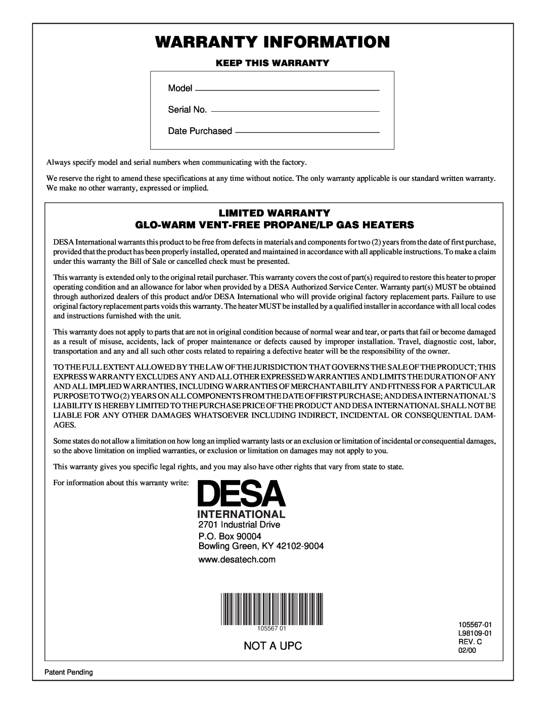 Desa FB-3B Warranty Information, International, Limited Warranty Glo-Warm Vent-Free Propane/Lp Gas Heaters, Not A Upc 