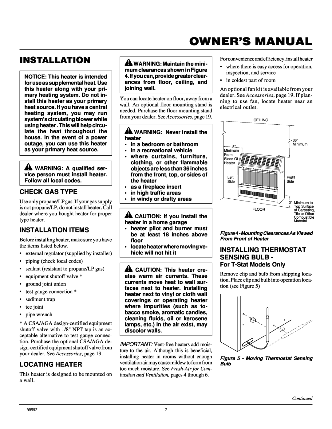 Desa FB-3B Check Gas Type, Installation Items, Locating Heater, Installing Thermostat Sensing Bulb, Owner’S Manual 