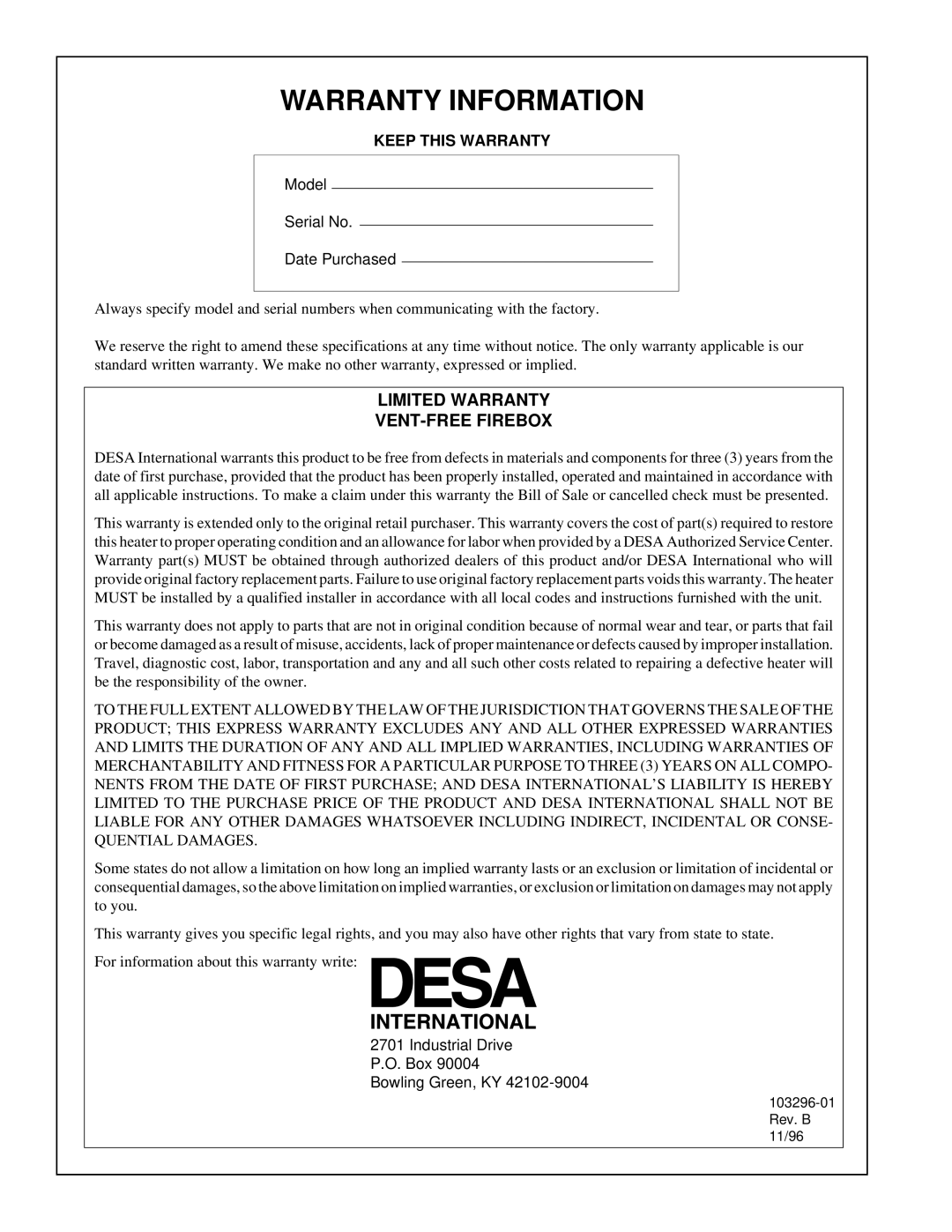 Desa FB32C installation manual Warranty Information, Keep this Warranty 