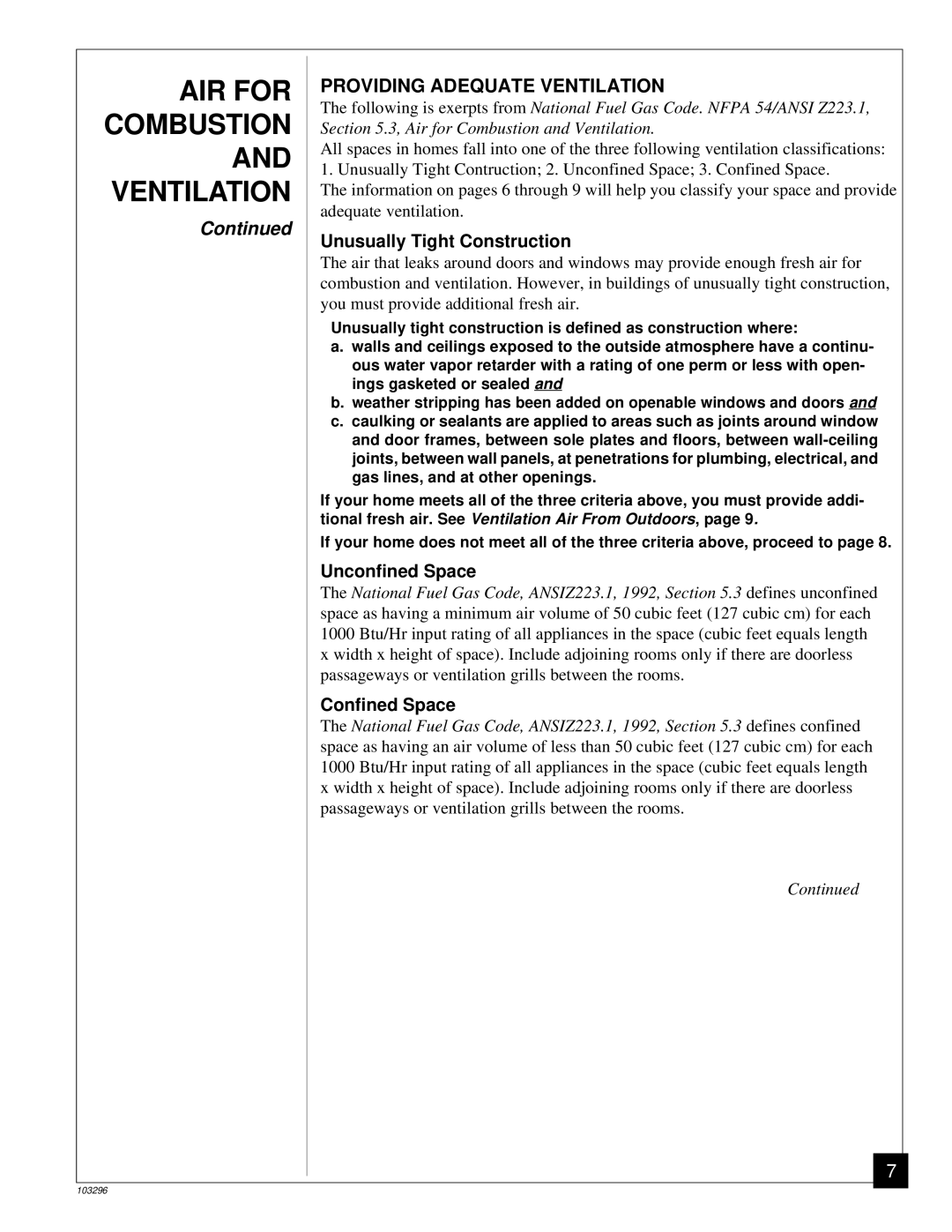 Desa FB32C Providing Adequate Ventilation, Unusually Tight Construction, Unconfined Space, Confined Space 