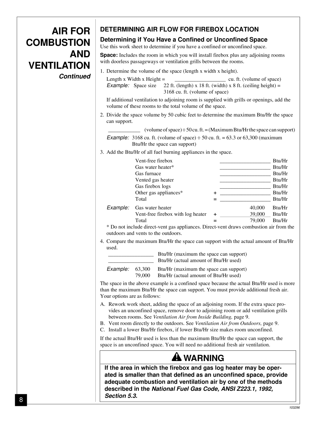 Desa FB32C Determining AIR Flow for Firebox Location, Determining if You Have a Confined or Unconfined Space 