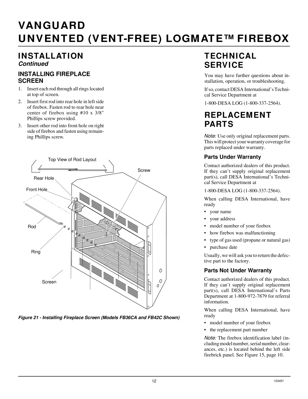 Desa FB36NCA, FB42NC, FB36CA, FB42C installation manual Technical Service, Replacement Parts, Installing Fireplace Screen 