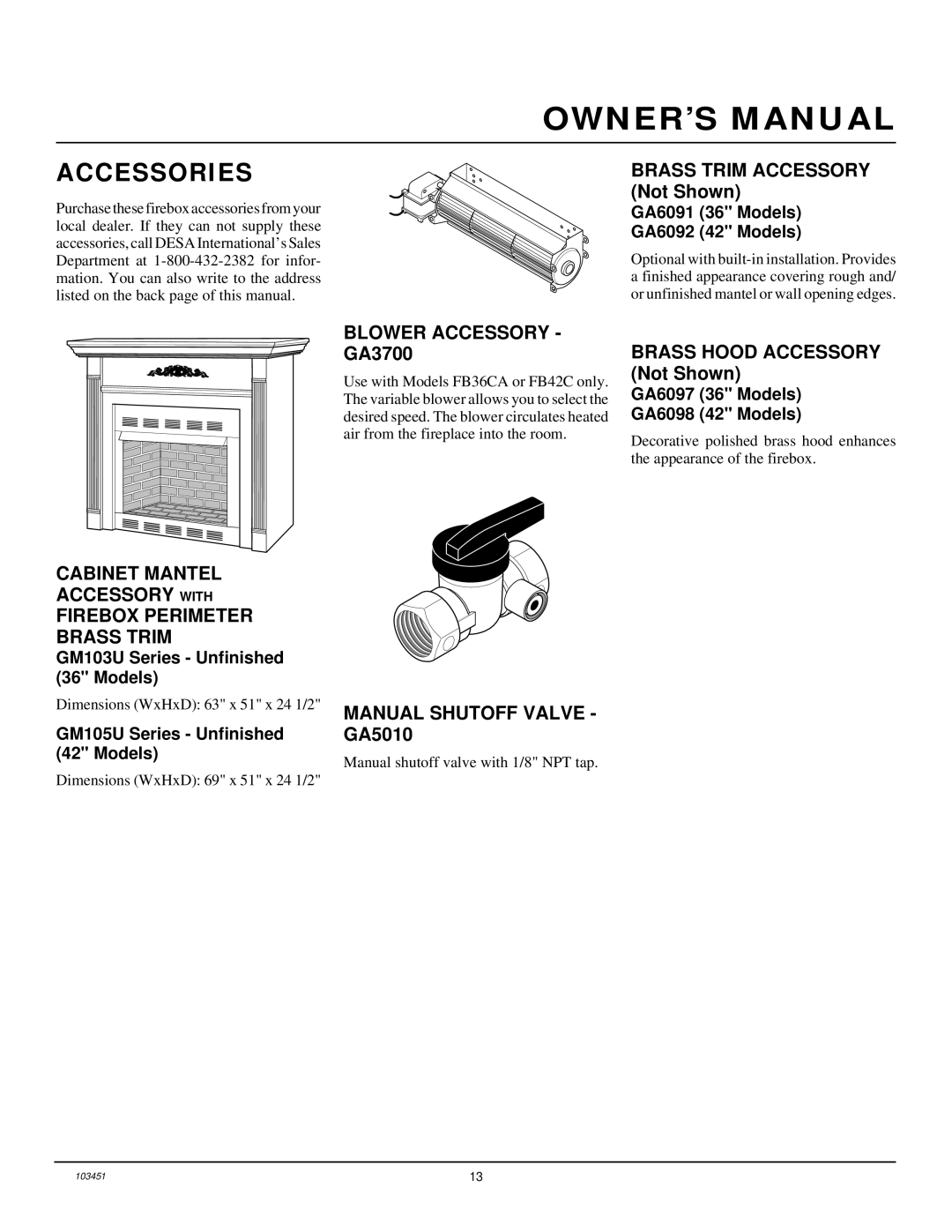 Desa FB36NCA, FB42NC, FB36CA, FB42C Accessories, Cabinet Mantel Accessory with Firebox Perimeter Brass Trim 