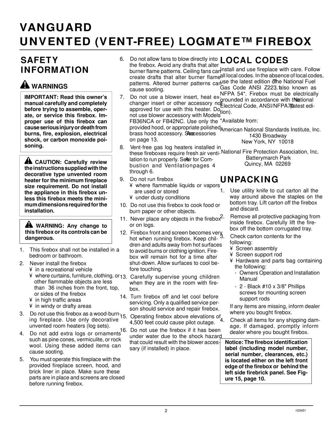 Desa FB36NCA, FB42NC, FB36CA, FB42C installation manual Safety Information, Local Codes, Unpacking 