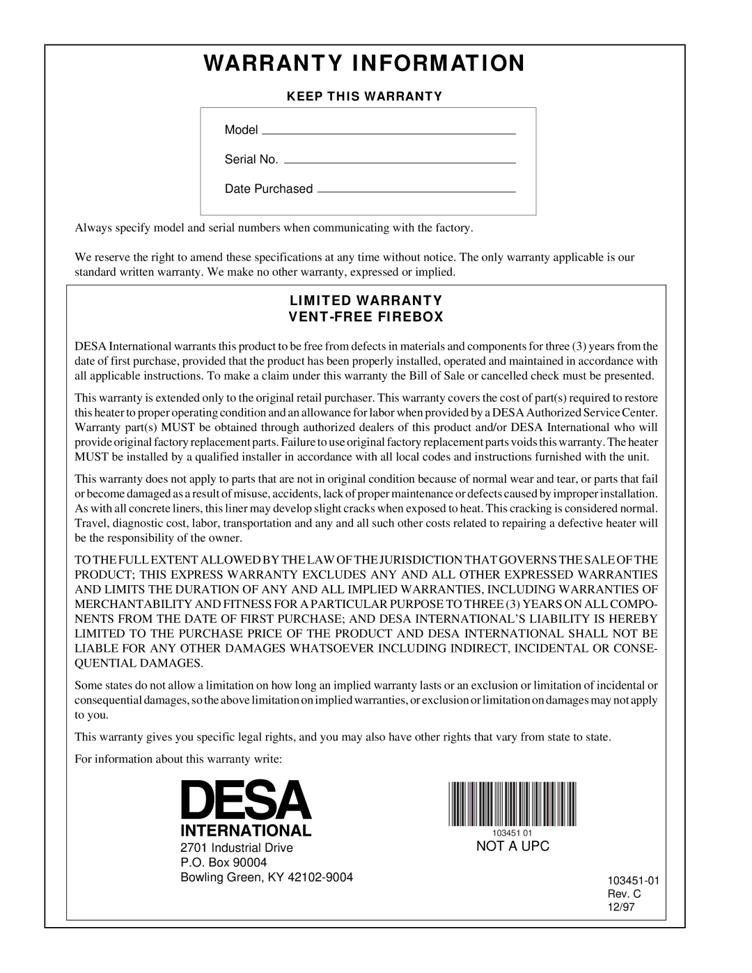 Desa FB36NCA, FB42NC, FB36CA, FB42C installation manual Warranty Information 